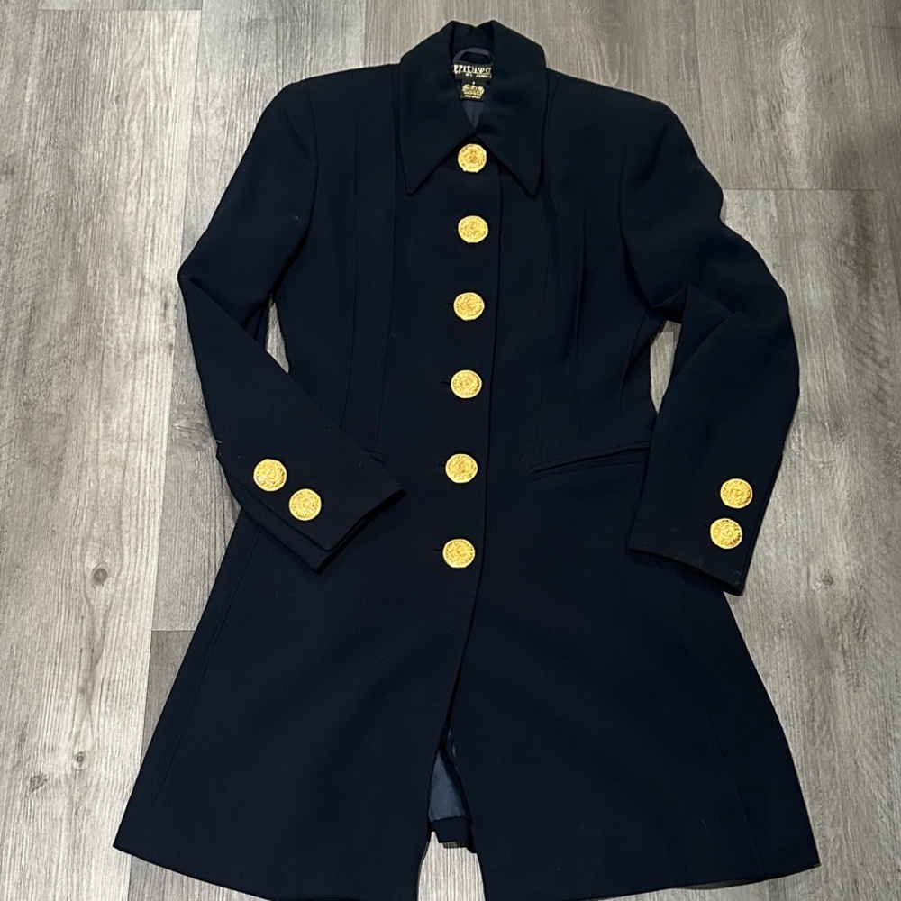 St. John Black Midi Dress/Jacket with Gold Buttons